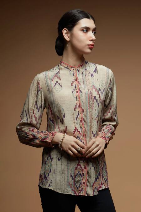 Shop Nirraamyaa Beige Rhinestones Mandarin Collar Embellished Shirt Online at Aza Fashions Shop_Nirraamyaa_Beige Rhinestones Mandarin Collar Embellished Shirt _Online_at_Aza_Fashions