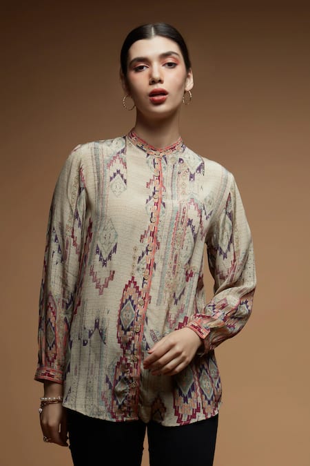 NIRRAAMYAA Beige Rhinestone Embellished Shirt 