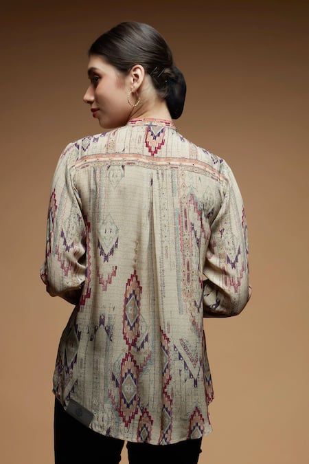 Shop Nirraamyaa Beige Rhinestones Mandarin Collar Embellished Shirt at Aza Fashions Shop_Nirraamyaa_Beige Rhinestones Mandarin Collar Embellished Shirt _at_Aza_Fashions