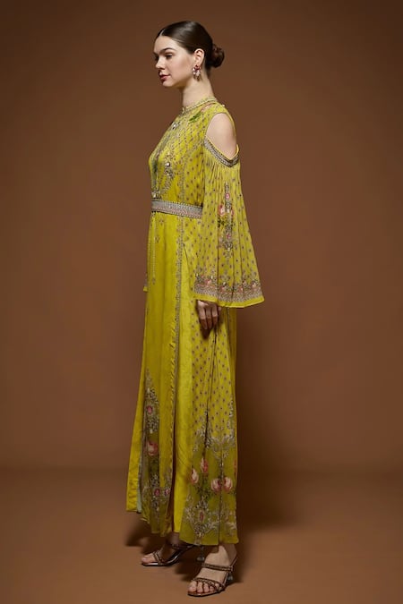 Nirraamyaa Beige Georgette Embroidery, Rhinestones Keyhole Neck Yellow Maxi Dress Online at Aza Fashions Nirraamyaa_Beige Georgette Embroidery, Rhinestones Keyhole Neck Yellow Maxi Dress _Online_at_Aza_Fashions