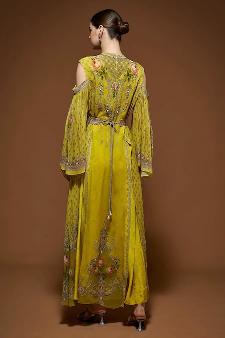 Nirraamyaa Yellow Rhinestone Embroidered Maxi Dress 