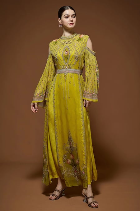 Buy Nirraamyaa Beige Georgette Embroidery, Rhinestones Keyhole Neck Yellow Maxi Dress Online at Aza Fashions Buy_Nirraamyaa_Beige Georgette Embroidery, Rhinestones Keyhole Neck Yellow Maxi Dress _Online_at_Aza_Fashions