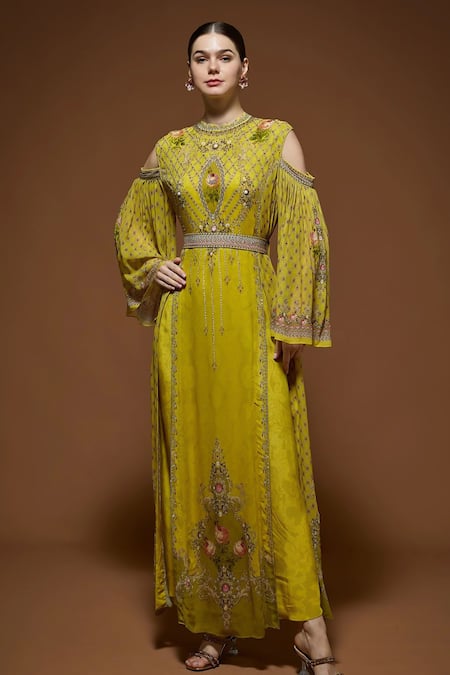 Nirraamyaa Yellow Rhinestone Embroidered Maxi Dress 