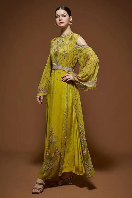 Shop Nirraamyaa Beige Georgette Embroidery, Rhinestones Keyhole Neck Yellow Maxi Dress Online at Aza Fashions Shop_Nirraamyaa_Beige Georgette Embroidery, Rhinestones Keyhole Neck Yellow Maxi Dress _Online_at_Aza_Fashions