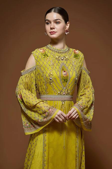 Nirraamyaa Beige Georgette Embroidery, Rhinestones Keyhole Neck Yellow Maxi Dress at Aza Fashions Nirraamyaa_Beige Georgette Embroidery, Rhinestones Keyhole Neck Yellow Maxi Dress _at_Aza_Fashions