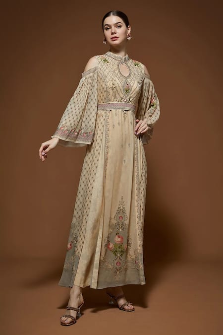 Nirraamyaa_Beige Georgette Rhinestones Keyhole Neck Embellished Maxi Dress _Online_at_Aza_Fashions