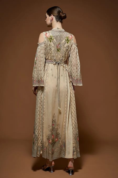 Nirraamyaa Beige Rhinestone Embellished Maxi Dress 