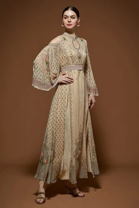 Buy_Nirraamyaa_Beige Georgette Rhinestones Keyhole Neck Embellished Maxi Dress _Online_at_Aza_Fashions