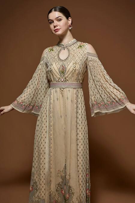Shop_Nirraamyaa_Beige Georgette Rhinestones Keyhole Neck Embellished Maxi Dress _Online_at_Aza_Fashions