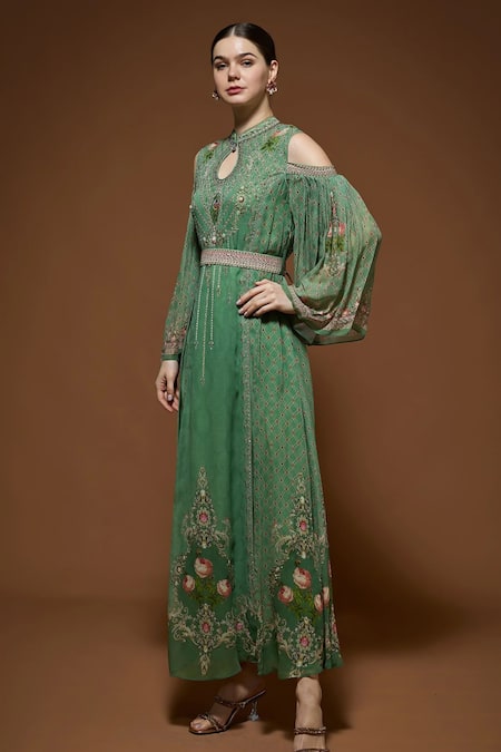 Nirraamyaa_Green Georgette Rhinestones Keyhole Neck Embellished Maxi Dress _Online_at_Aza_Fashions