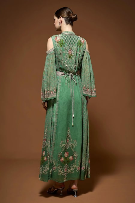 Nirraamyaa Green Rhinestone Embellished Maxi Dress 