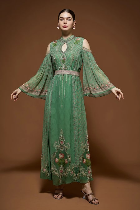 Shop_Nirraamyaa_Green Georgette Rhinestones Keyhole Neck Embellished Maxi Dress _Online_at_Aza_Fashions