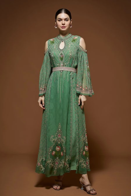 Nirraamyaa Green Rhinestone Embellished Maxi Dress 