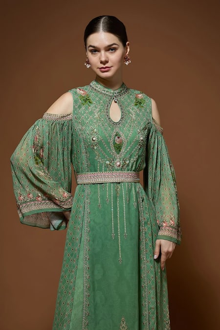 Nirraamyaa_Green Georgette Rhinestones Keyhole Neck Embellished Maxi Dress _at_Aza_Fashions