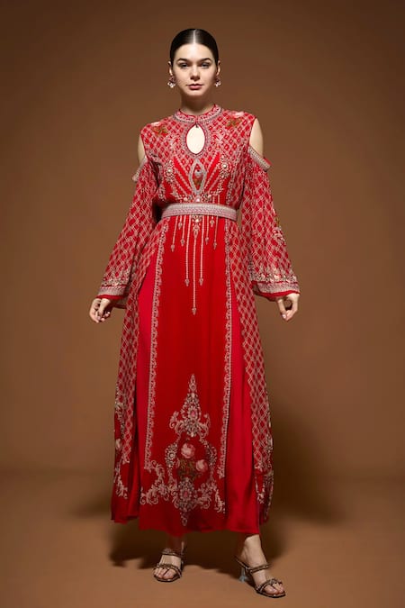 Nirraamyaa Red Georgette Rhinestones Keyhole Neck Embellished Maxi Dress 