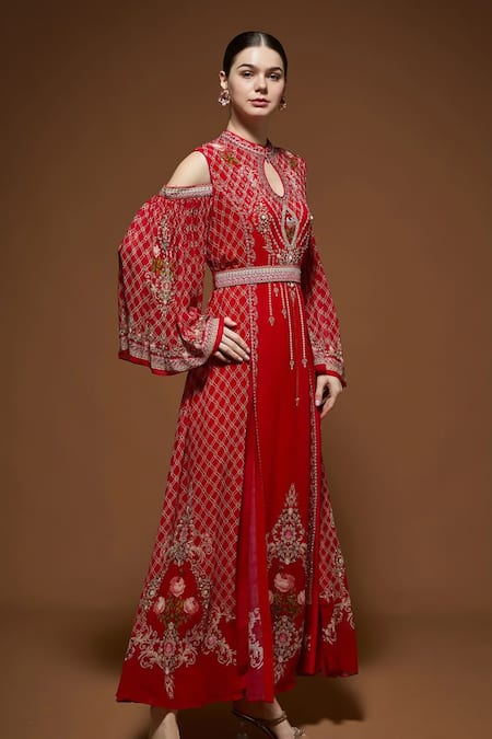 Nirraamyaa_Red Georgette Rhinestones Keyhole Neck Embellished Maxi Dress _Online_at_Aza_Fashions