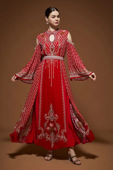 Buy_Nirraamyaa_Red Georgette Rhinestones Keyhole Neck Embellished Maxi Dress _Online_at_Aza_Fashions