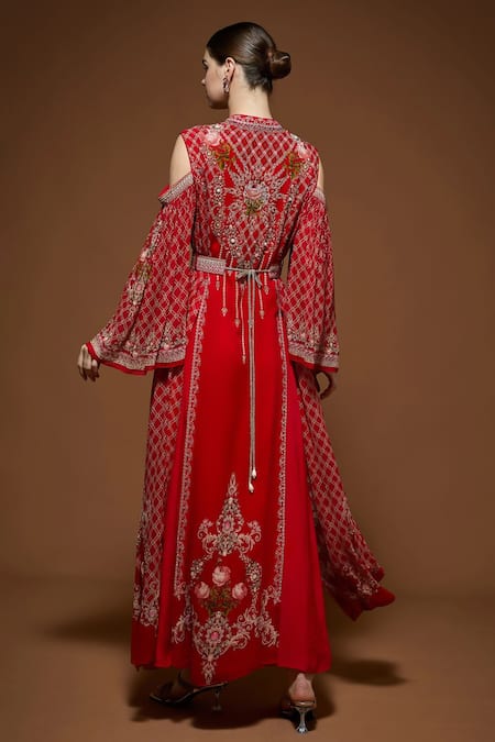 Shop_Nirraamyaa_Red Georgette Rhinestones Keyhole Neck Embellished Maxi Dress _at_Aza_Fashions