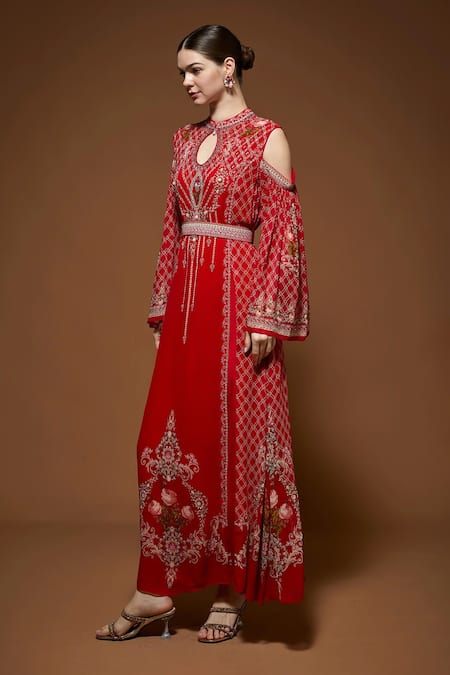 Shop_Nirraamyaa_Red Georgette Rhinestones Keyhole Neck Embellished Maxi Dress _Online_at_Aza_Fashions