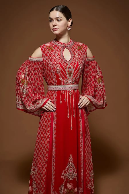 Nirraamyaa_Red Georgette Rhinestones Keyhole Neck Embellished Maxi Dress _at_Aza_Fashions