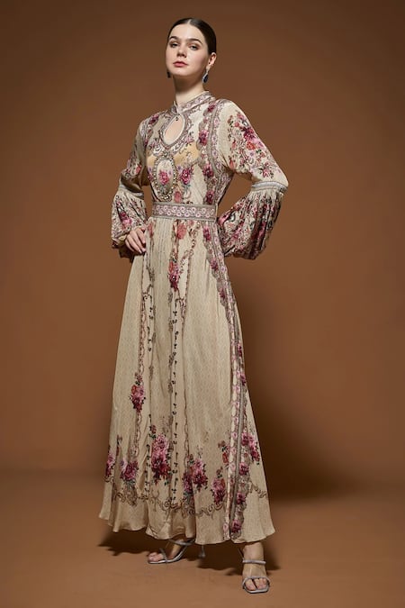 Nirraamyaa_Beige Rhinestones Keyhole Neck Floral Embroidered Gown With Belt _Online_at_Aza_Fashions