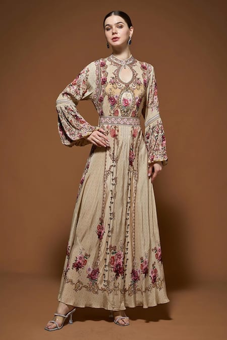 Nirraamyaa Beige Floral Embroidered Gown With Belt 