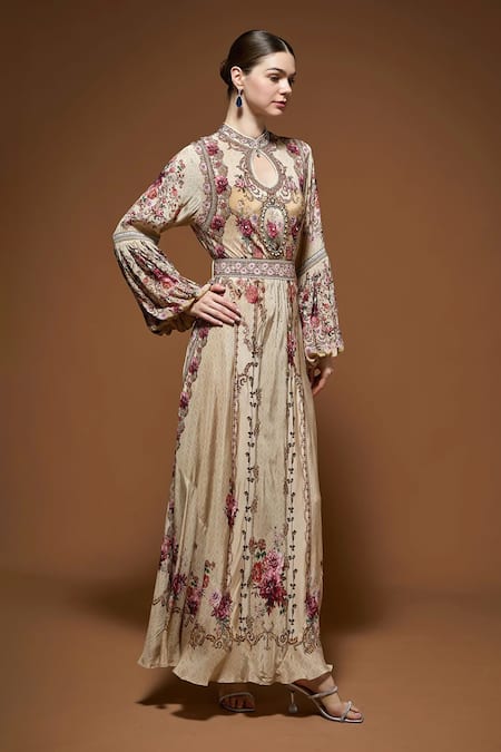 Buy_Nirraamyaa_Beige Rhinestones Keyhole Neck Floral Embroidered Gown With Belt _Online_at_Aza_Fashions