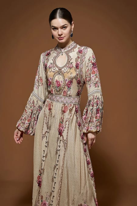 Shop_Nirraamyaa_Beige Rhinestones Keyhole Neck Floral Embroidered Gown With Belt _Online_at_Aza_Fashions