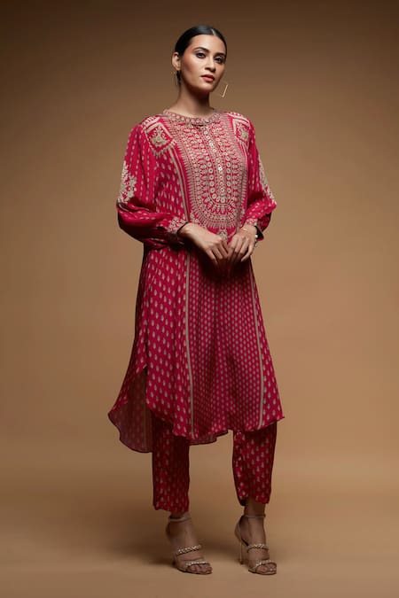 Nirraamyaa Fuchsia Crepe, Bamboo Rhinestones Round Neck Embroidered Kurta Set at Aza Fashions Nirraamyaa_Fuchsia Crepe, Bamboo Rhinestones Round Neck Embroidered Kurta Set _at_Aza_Fashions