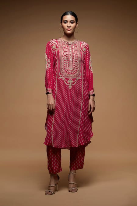NIRRAAMYAA Fuchsia Rhinestone Embroidered Kurta Set 