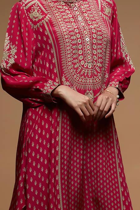 Buy Nirraamyaa Fuchsia Crepe, Bamboo Rhinestones Round Neck Embroidered Kurta Set Buy_Nirraamyaa_Fuchsia Crepe, Bamboo Rhinestones Round Neck Embroidered Kurta Set
