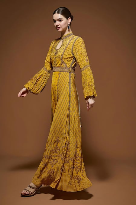 Nirraamyaa_Mustard Rhinestones Keyhole Neck Yellow Embroidered Gown With Belt _Online_at_Aza_Fashions