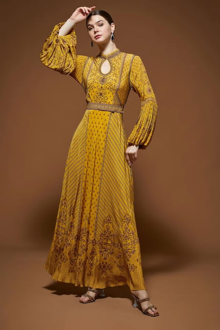 Buy_Nirraamyaa_Mustard Rhinestones Keyhole Neck Yellow Embroidered Gown With Belt _Online_at_Aza_Fashions