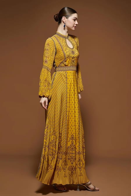 Shop_Nirraamyaa_Mustard Rhinestones Keyhole Neck Yellow Embroidered Gown With Belt _Online_at_Aza_Fashions