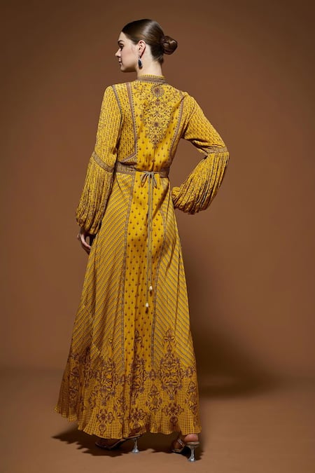 Nirraamyaa Mustard Yellow Embroidered Gown With Belt 
