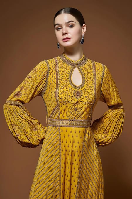 Nirraamyaa_Mustard Rhinestones Keyhole Neck Yellow Embroidered Gown With Belt _at_Aza_Fashions