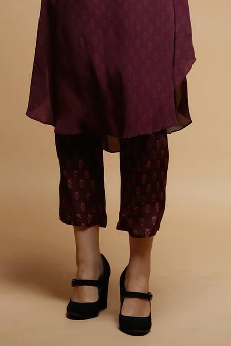 Nirraamyaa_Wine Crepe, Brocade Rhinestones Round Neck Embroidered Kurta Set _Online_at_Aza_Fashions