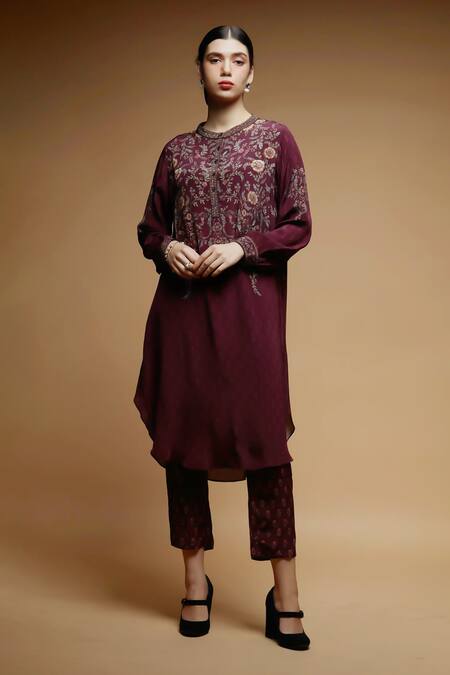 Nirraamyaa_Wine Crepe, Brocade Rhinestones Round Neck Embroidered Kurta Set _at_Aza_Fashions