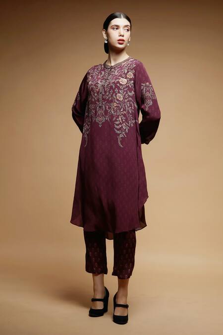 Buy_Nirraamyaa_Wine Crepe, Brocade Rhinestones Round Neck Embroidered Kurta Set 