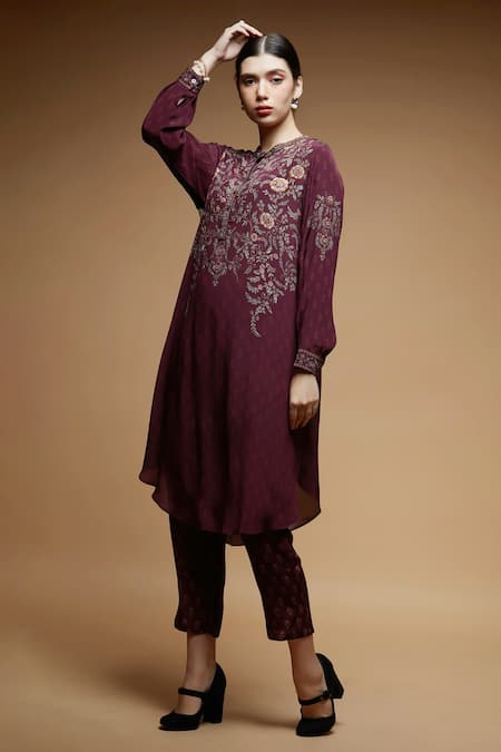 Nirraamyaa Wine Embroidered Kurta Set  