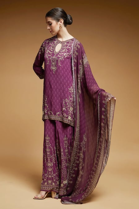 Nirraamyaa_Wine Georgette, Viscose Rhinestones Keyhole Neck Straight Kurta Set _Online_at_Aza_Fashions