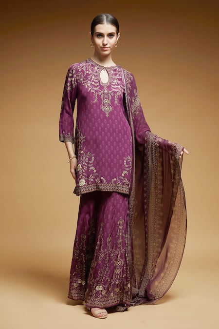 Buy_Nirraamyaa_Wine Georgette, Viscose Rhinestones Keyhole Neck Straight Kurta Set _Online_at_Aza_Fashions