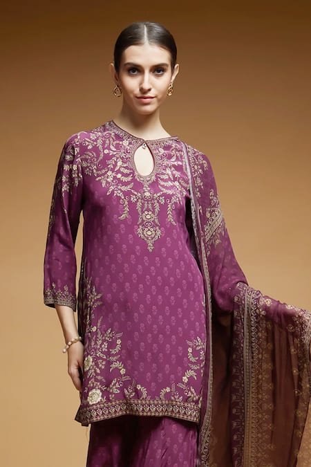 Shop_Nirraamyaa_Wine Georgette, Viscose Rhinestones Keyhole Neck Straight Kurta Set _Online_at_Aza_Fashions