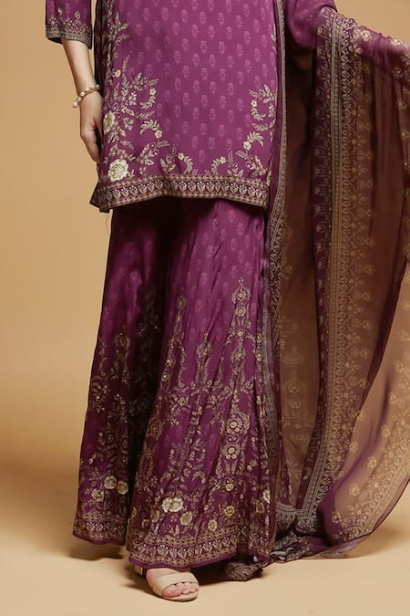 Nirraamyaa_Wine Georgette, Viscose Rhinestones Keyhole Neck Straight Kurta Set _at_Aza_Fashions