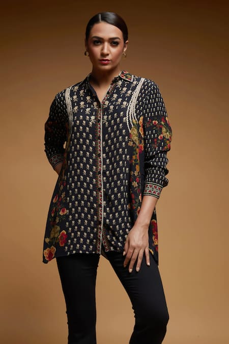 Nirraamyaa Black Crepe Rhinestones Collared Embroidered Shirt 