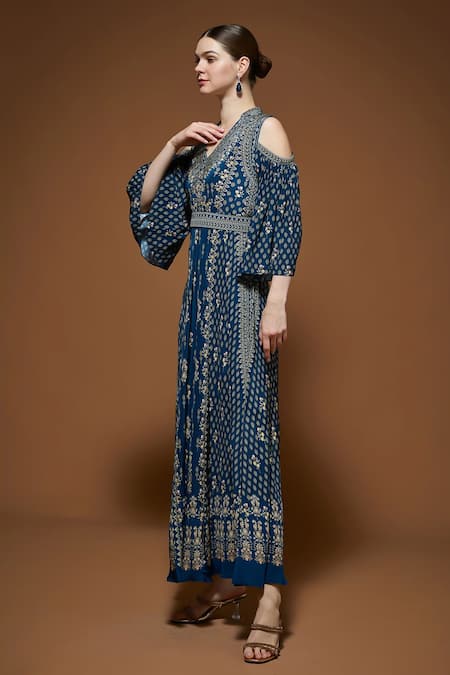 Nirraamyaa_Blue Crepe Rhinestones V-neck Embellished Gown _Online_at_Aza_Fashions