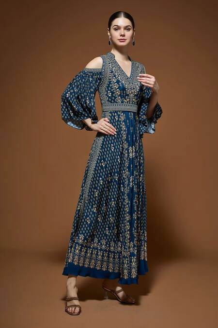 Buy_Nirraamyaa_Blue Crepe Rhinestones V-neck Embellished Gown _Online_at_Aza_Fashions