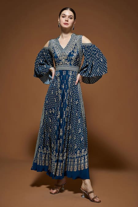 Shop_Nirraamyaa_Blue Crepe Rhinestones V-neck Embellished Gown _Online_at_Aza_Fashions