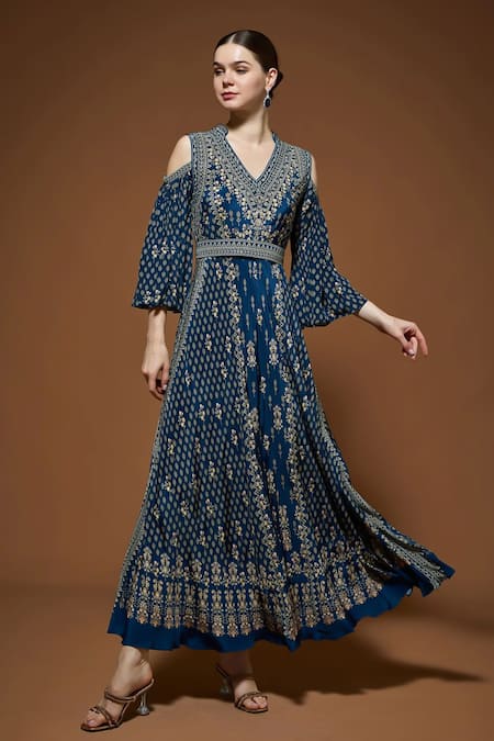 NIRRAAMYAA Blue Rhinestone Embellished Gown 