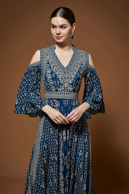 Nirraamyaa_Blue Crepe Rhinestones V-neck Embellished Gown _at_Aza_Fashions